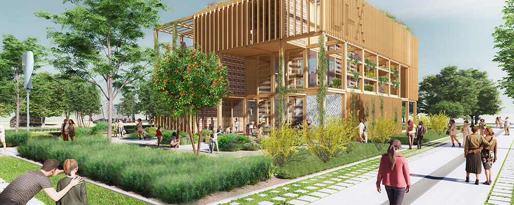 Conceptbeeld innovatief duurzaam hout gebouw
