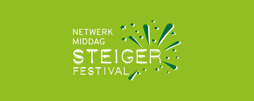 Logo Steiger Festival met tekst 'Netwerkmiddag' op limoengroene achtergrond