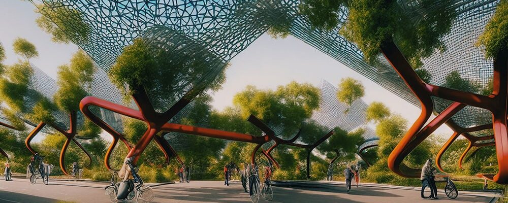 Futuristische artist impressie van een gedeeltelijk open fietsenstalling