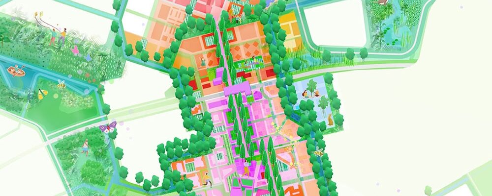 Gedeelte van een getekende bovenaanzichtkaart van Almere Centrum