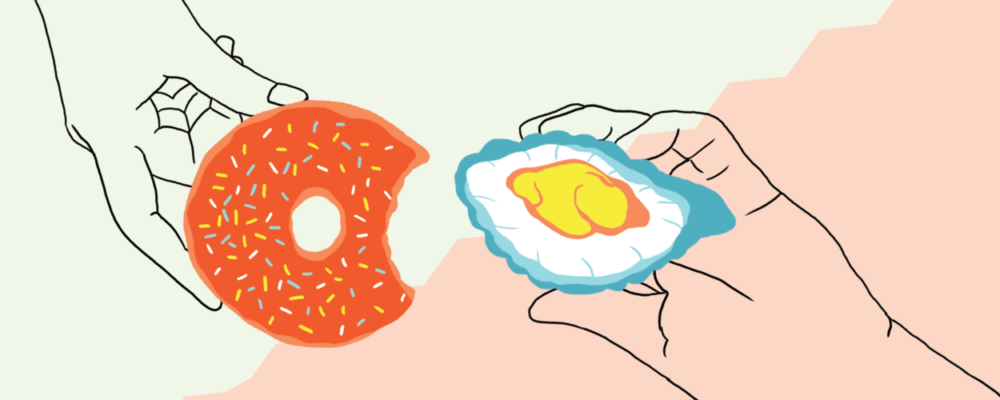 Tekening van twee handen die een donut en een oester vasthouden