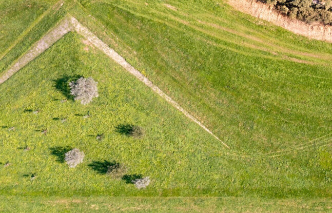 Een grasveld van bovenaf, onderdeel van de land art in Almere.